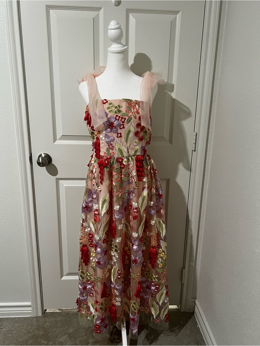 Just Me Pink Floral Embroidered Tulle Maxi Dress with Red & Lavender Accents